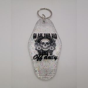 Motel Keychain Custom Clear Glitter Black Text With Skeleton Keyring Key tag